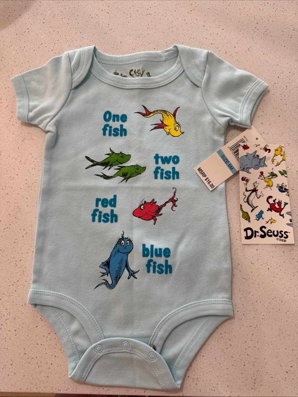 New Dr. Suess by Bumkins ‘one fish; two fish’ yellow bodysuit. Size 6 months
